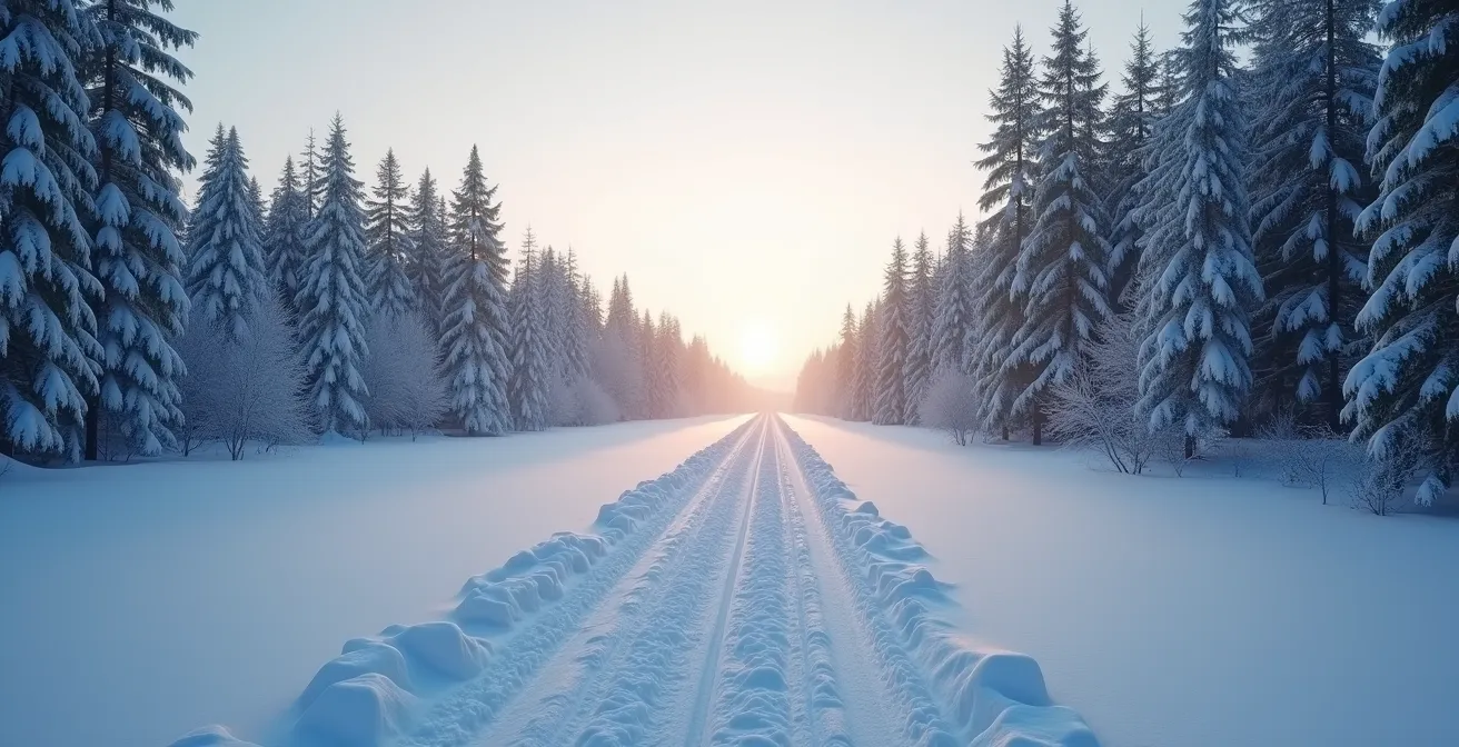 Piste de ski de fond traversant une forêt enneigée au lever du soleil, ambiance hivernale épurée