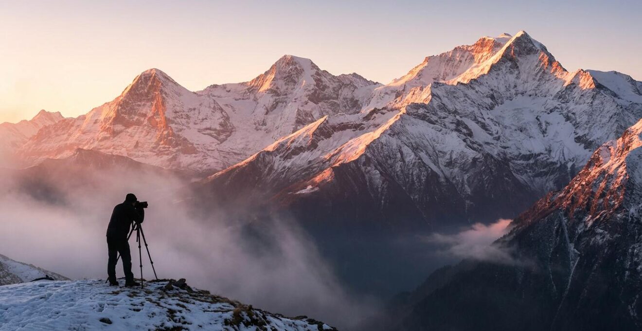 Photographe silhouetté photographiant un panorama de montagnes enneigées au lever du soleil avec une lumière dorée