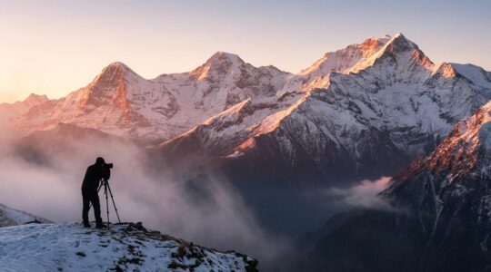 Photographe silhouetté photographiant un panorama de montagnes enneigées au lever du soleil avec une lumière dorée