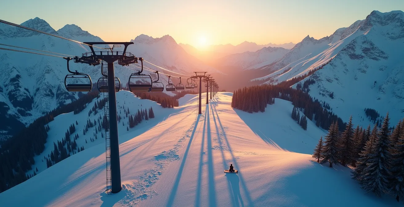 Vue aérienne d'un système de remontées mécaniques reliant plusieurs vallées au coucher du soleil