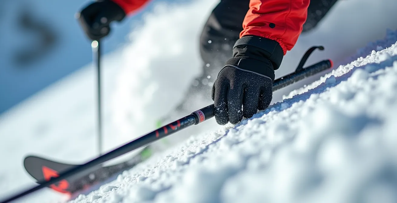 Gros plan sur le planté de bâton d'un skieur expert en pente raide montrant la synchronisation parfaite avec la flexion