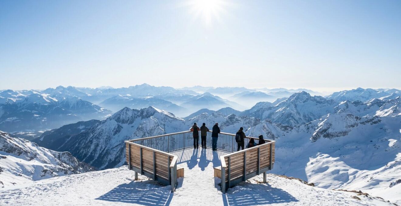 Plateforme d'observation en altitude avec vue panoramique sur les sommets enneigés