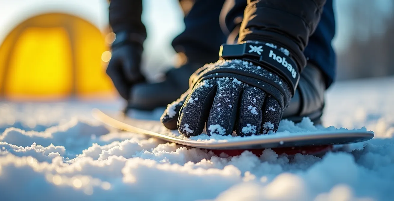 Snowboardeur en position d'échauffement près d'une structure d'airbag avec opérateur en arrière-plan