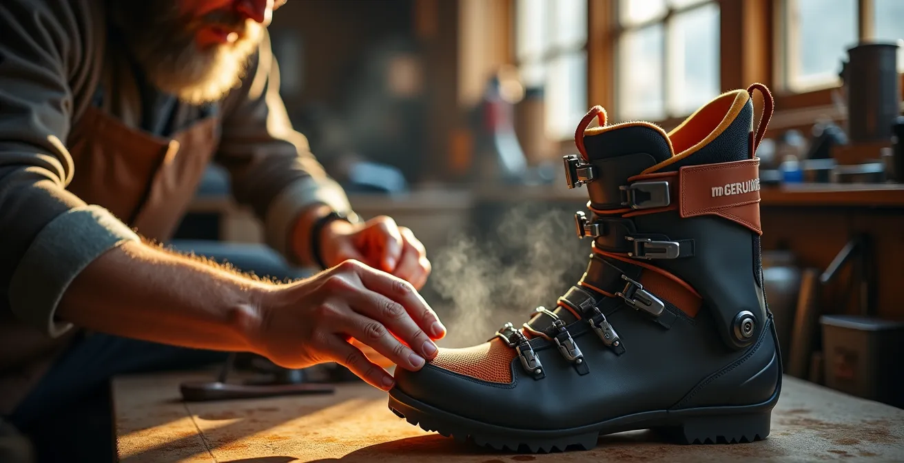 Vue détaillée du processus de thermoformage d'un chausson de chaussure de ski