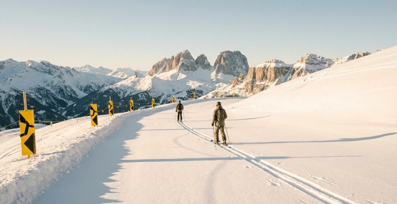 Skieurs évoluant sur une piste enneigée avec balisage de sécurité visible