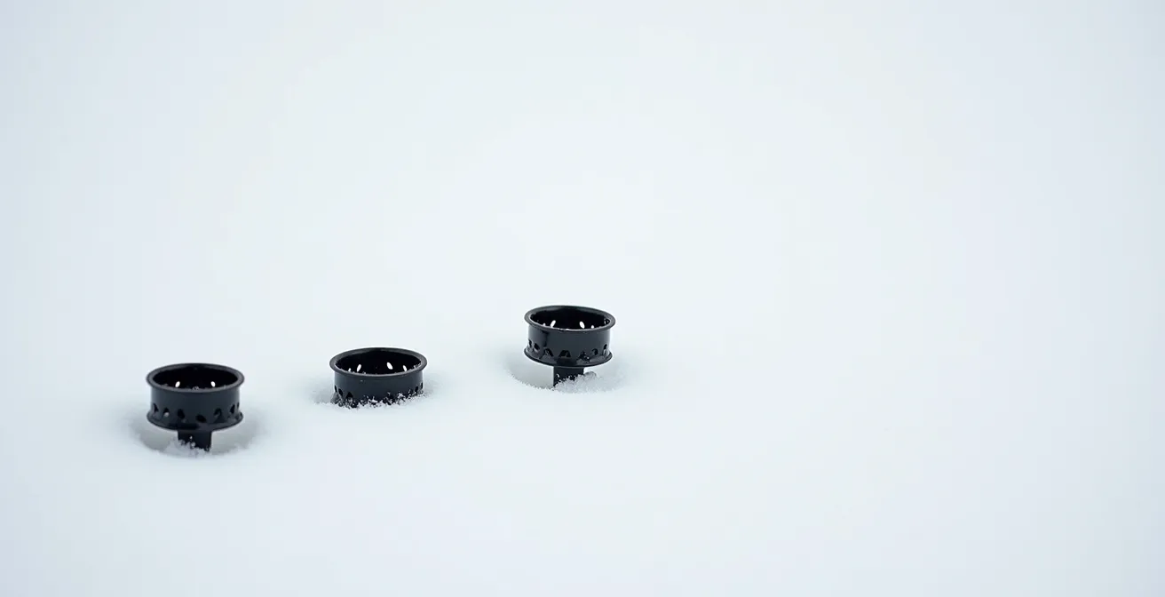 Trois rondelles de bâtons de ski de différentes tailles enfoncées dans la neige à différentes profondeurs