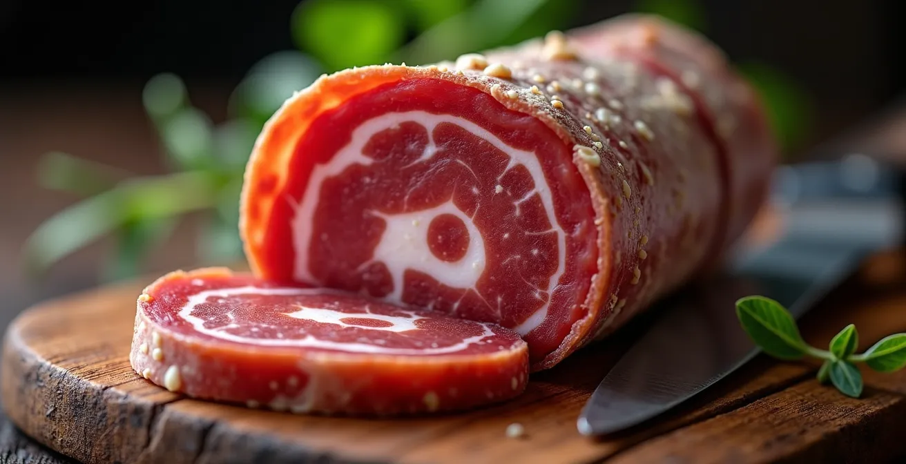 Coupe de saucisson artisanal montrant la texture et la fleur naturelle