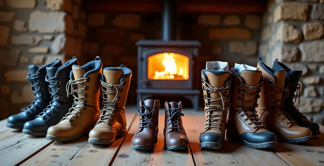 Chaussures de ski séchant près d'un poêle à bois dans un gîte de montagne traditionnel
