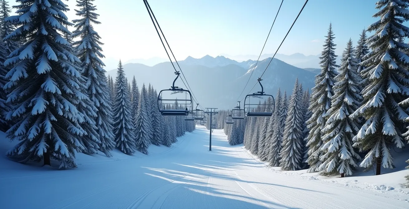 Pistes de ski protégées par une forêt dense avec télésiège traversant une zone abritée