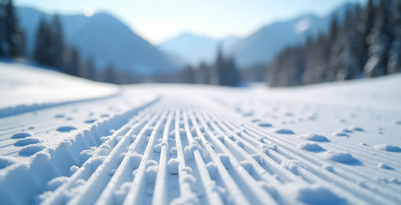 Sentier damé serpentant à travers une forêt de sapins avec percées sur les sommets enneigés
