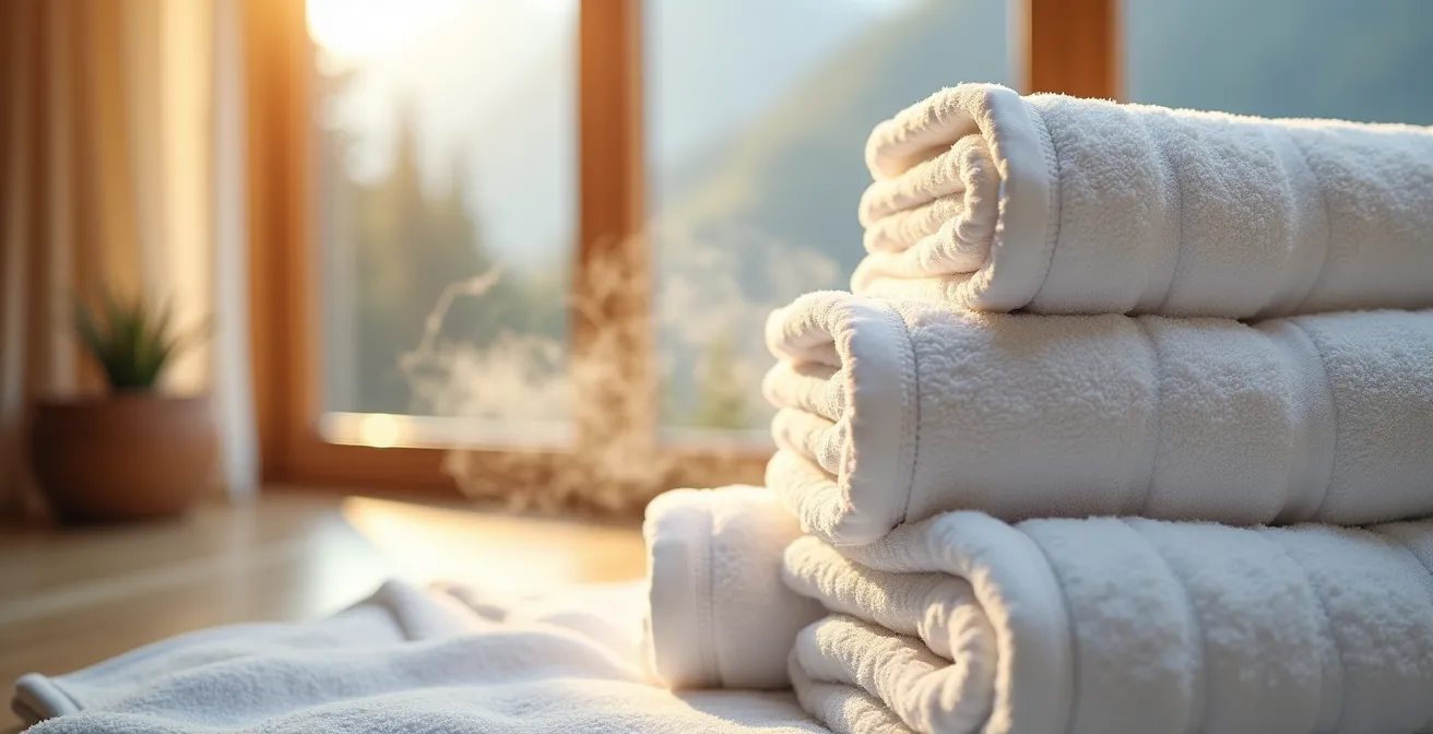 Pile de serviettes moelleuses blanches dans un spa d'hôtel avec vue sur les montagnes enneigées