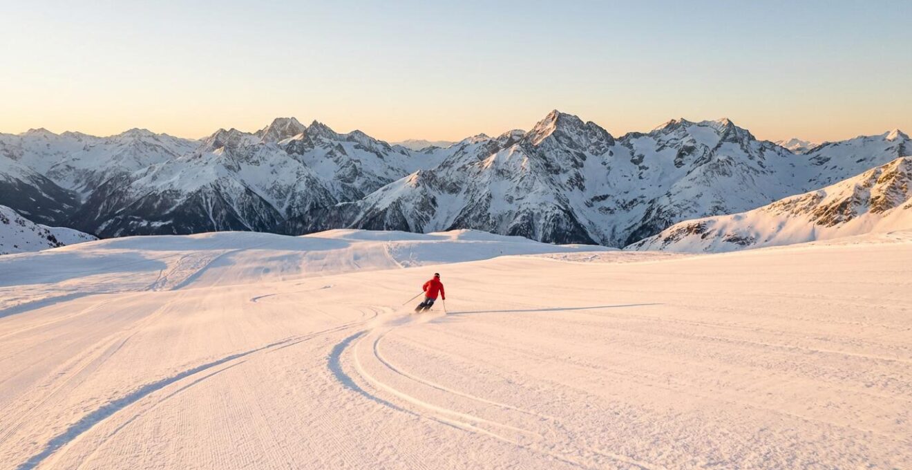 Skieur exécutant une courbe parfaite en carving sur une pente enneigée avec vue panoramique sur les sommets alpins