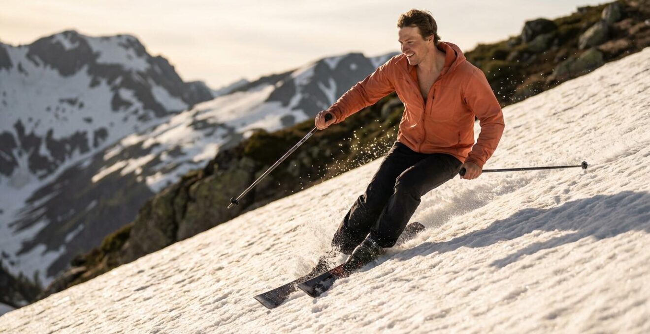 Skieur en softshell évoluant sur neige de printemps sous soleil de montagne