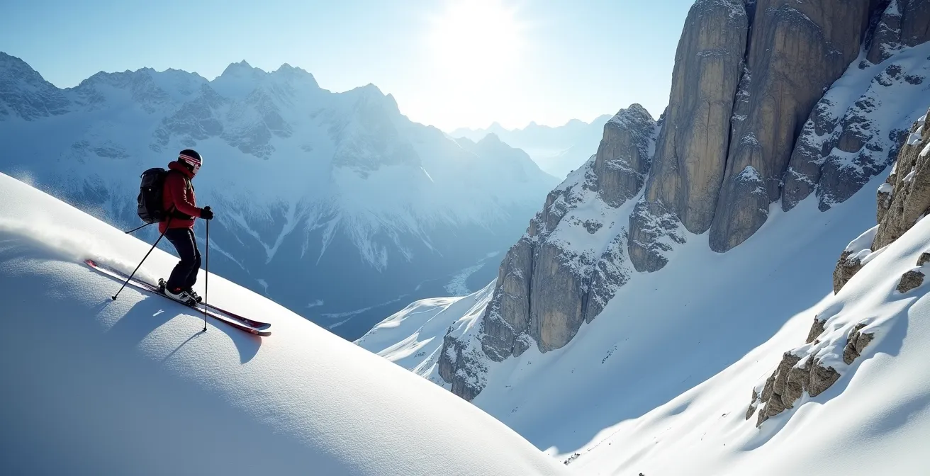 Skieur en position de concentration au sommet d'un couloir étroit, vue plongeante sur la pente vertigineuse