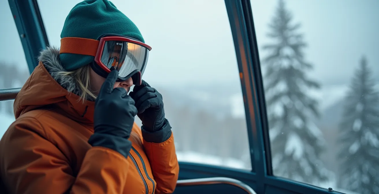 Détail de la ventilation d'un masque de ski sur télésiège en montagne