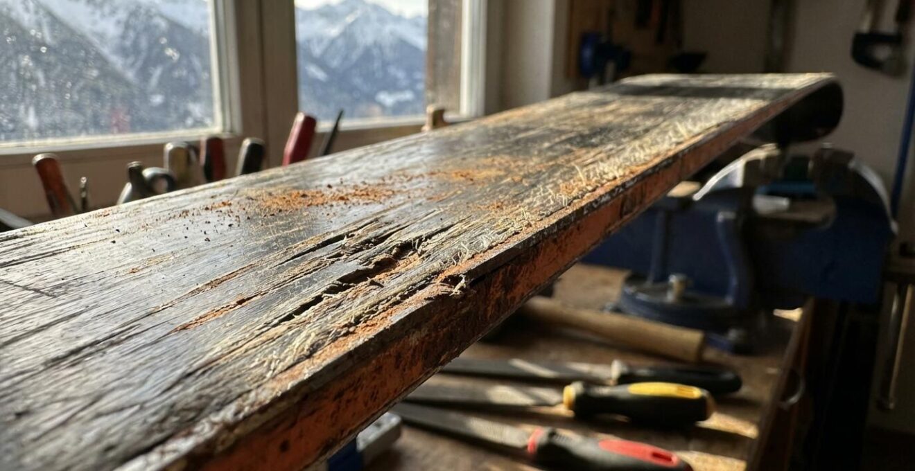 Skis posés sur un établi d'atelier avec outils d'entretien visibles, carres rouillées et semelle usée en gros plan sur fond de montagne enneigée floutée