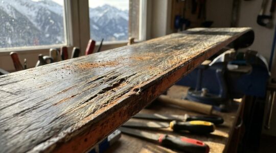 Skis posés sur un établi d'atelier avec outils d'entretien visibles, carres rouillées et semelle usée en gros plan sur fond de montagne enneigée floutée