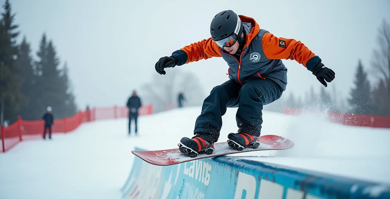 Vue latérale d'un snowboardeur glissant sur une box avec position parfaitement équilibrée