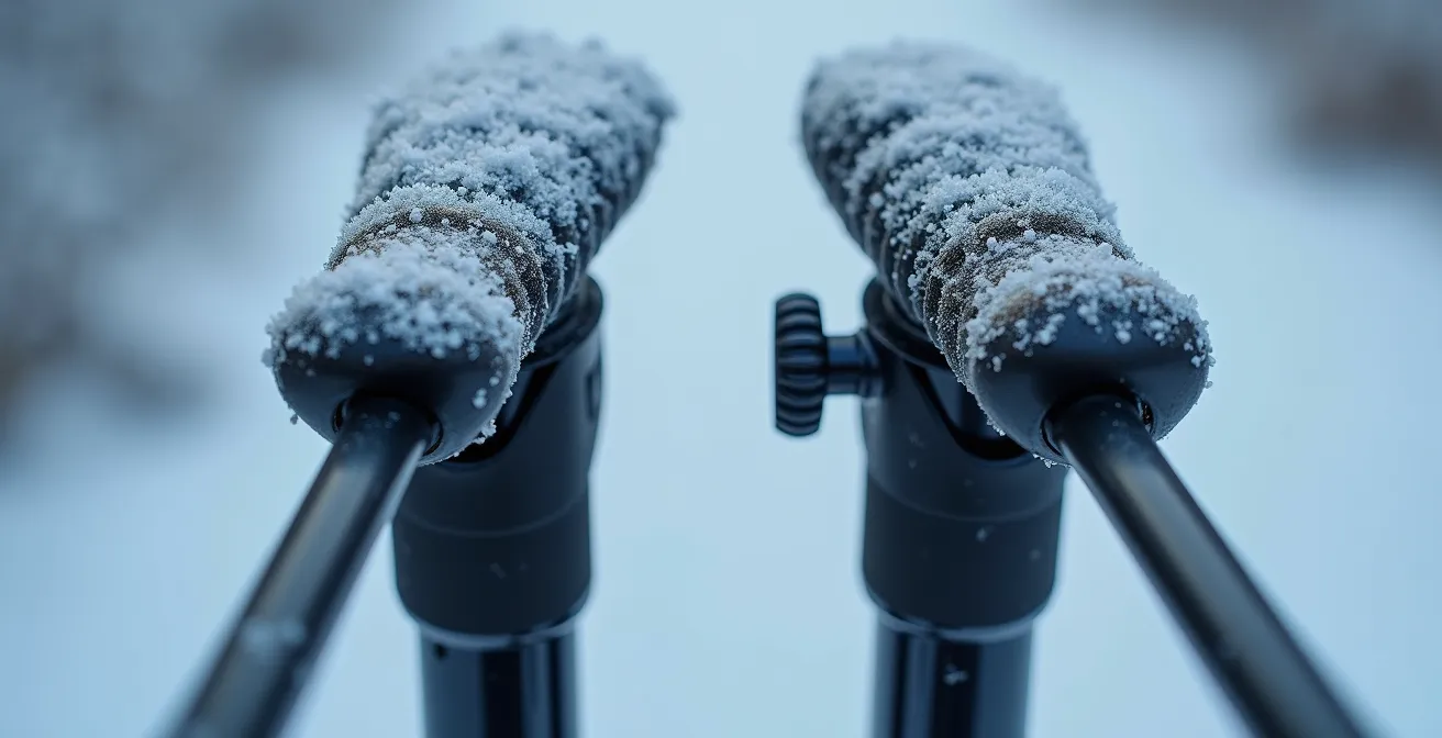 Gros plan sur deux systèmes de verrouillage de bâtons télescopiques, clips et vis, côte à côte