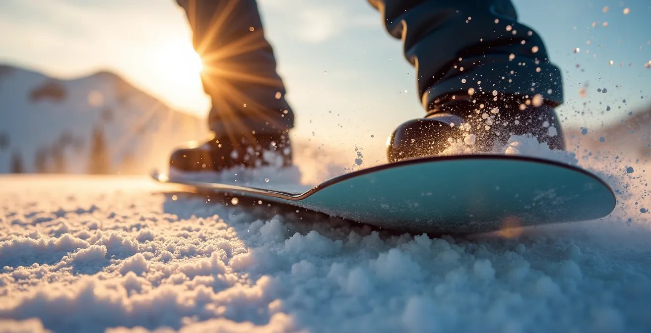 Snowboardeur en phase de compression sur un kicker montrant la flexion de la planche