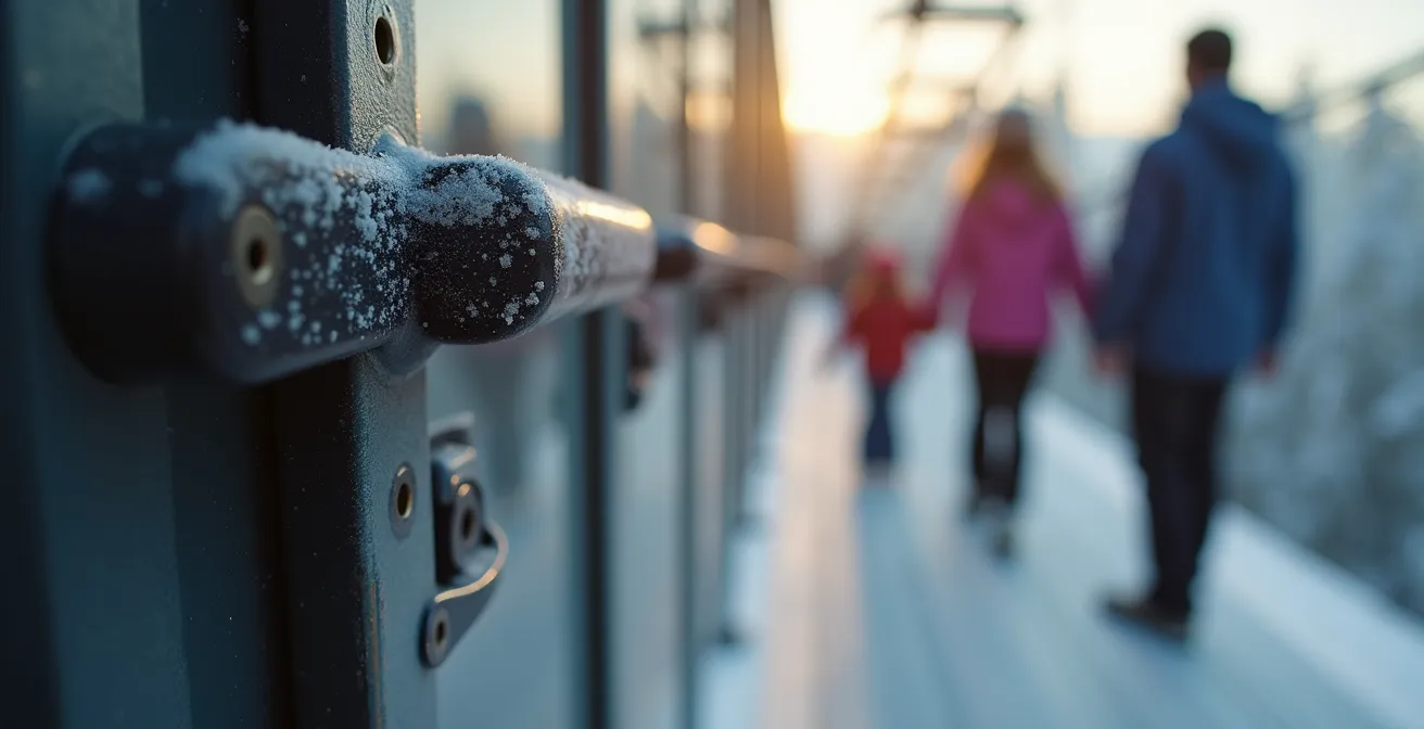 Télécabine secondaire peu fréquenté avec une famille embarquant tranquillement le matin