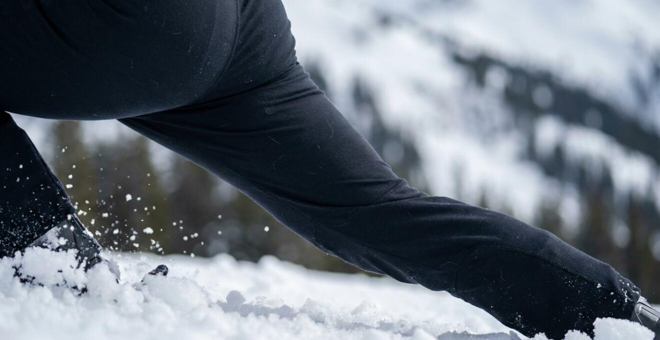 Skieur en position de fente télémark montrant l'engagement musculaire des cuisses et des hanches