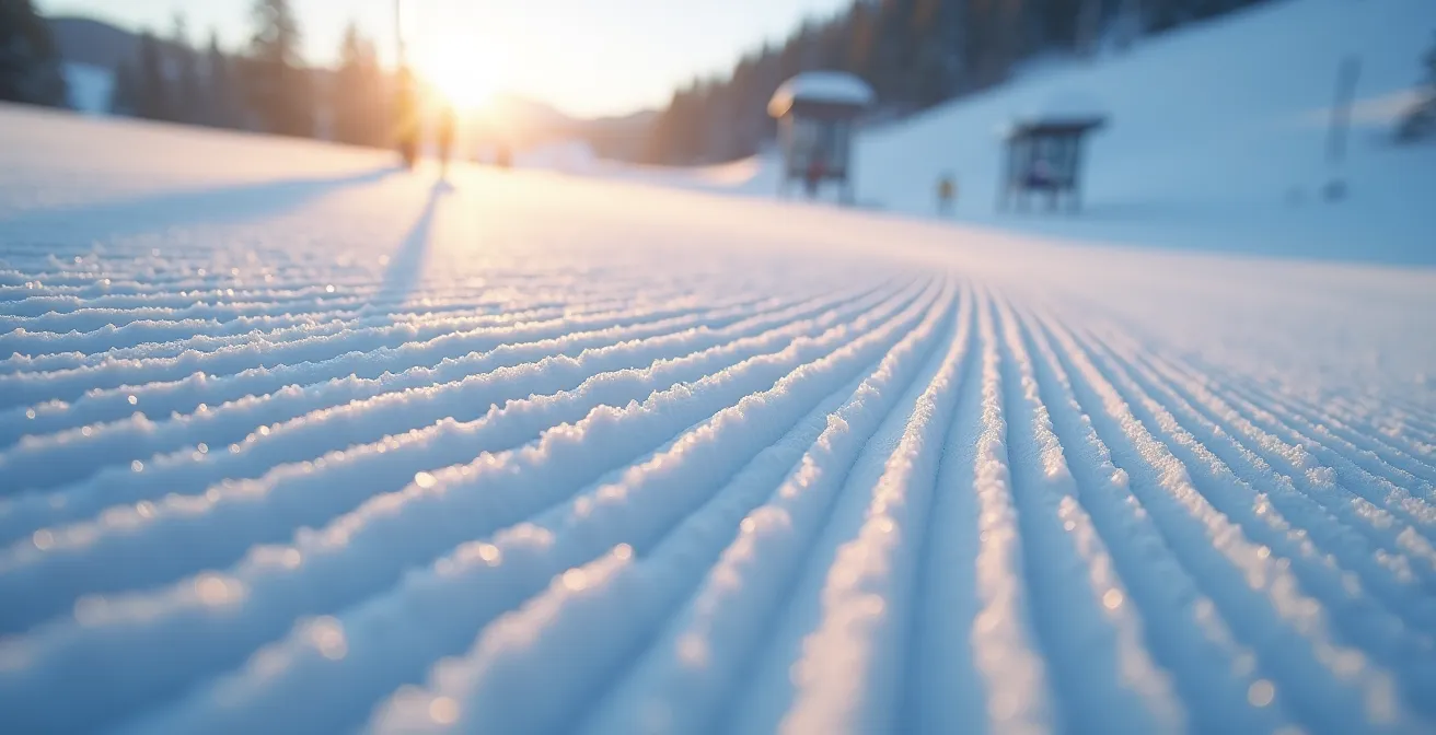 Télésiège secondaire au petit matin avec des pistes fraîchement damées et sans file d'attente