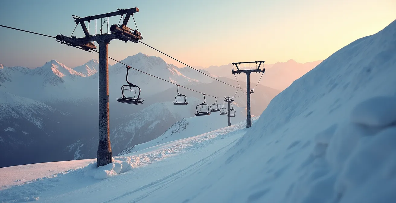 Vieux téléski à perches traversant une zone calme entre deux versants de montagne