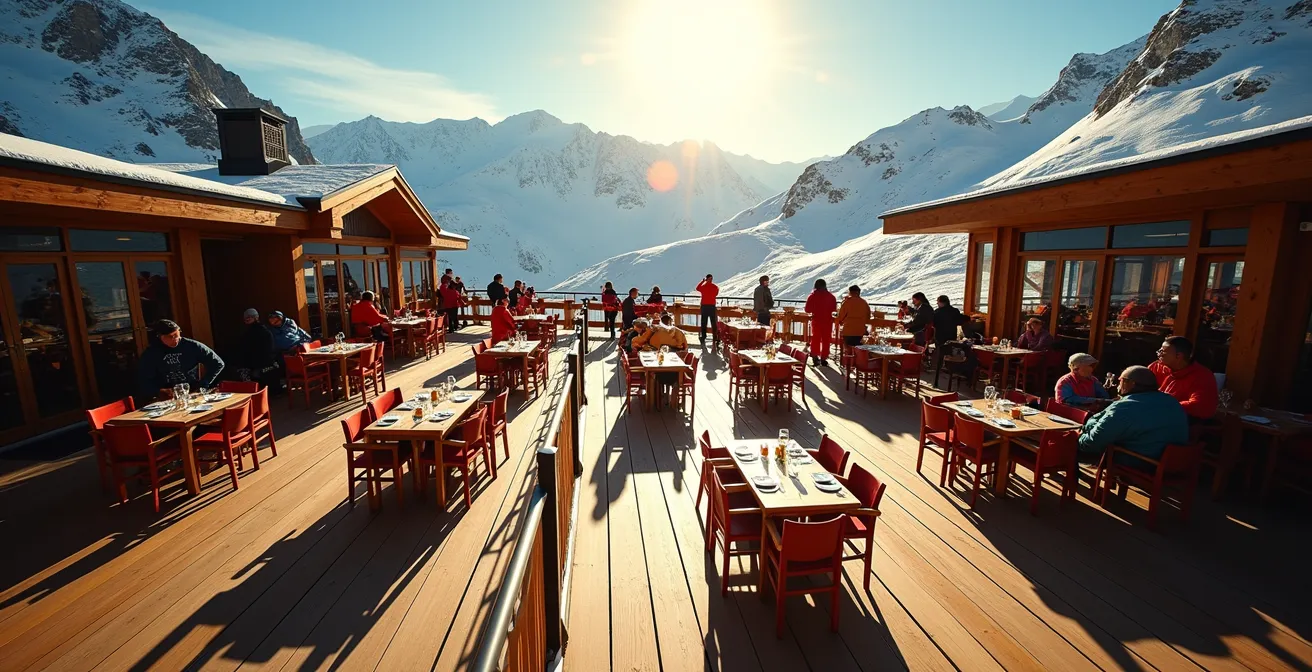 Vue aérienne d'une terrasse de restaurant d'altitude baignée de soleil avec skieurs attablés