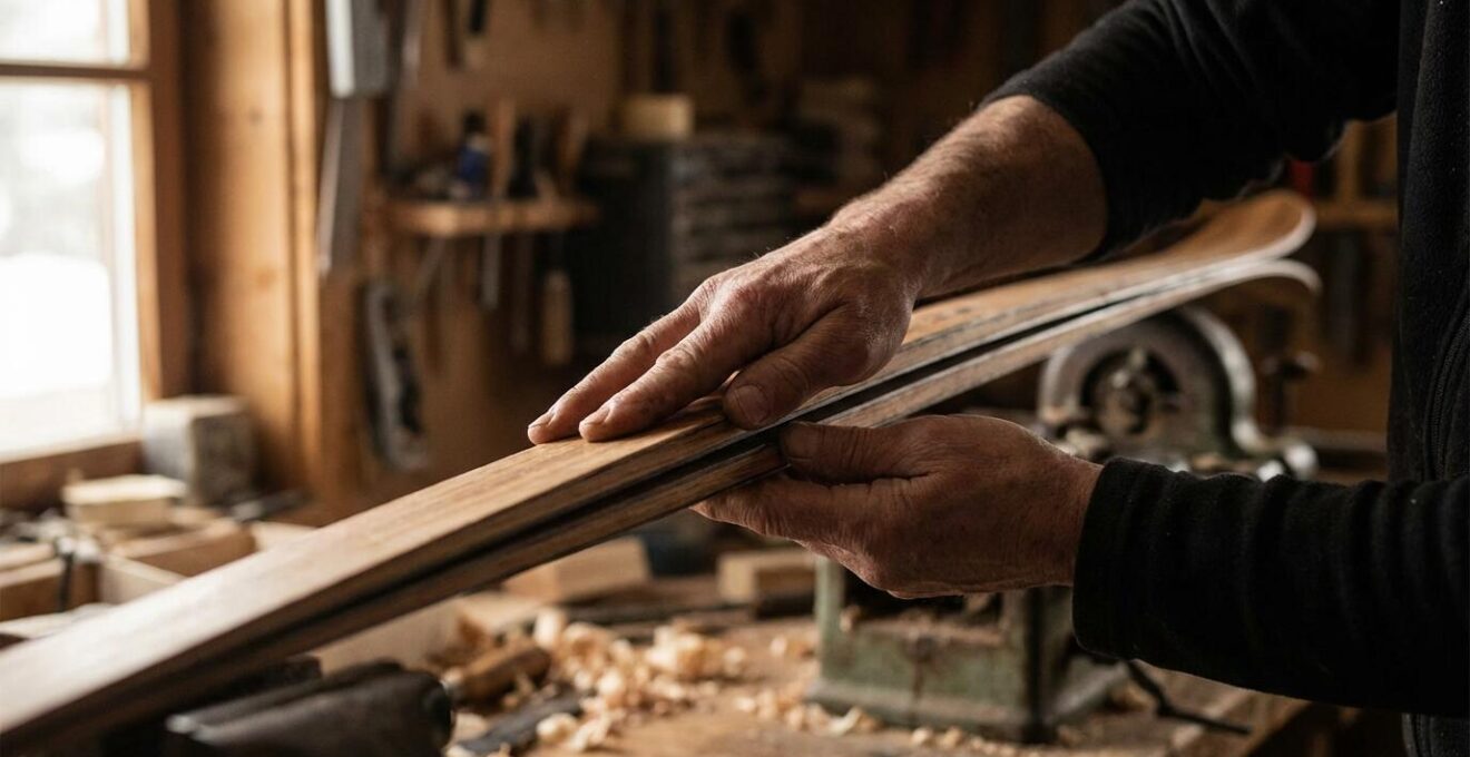 Deux skis pressés base contre base montrant une différence de cambre, mains expertes testant la flexion sur fond d'atelier flou
