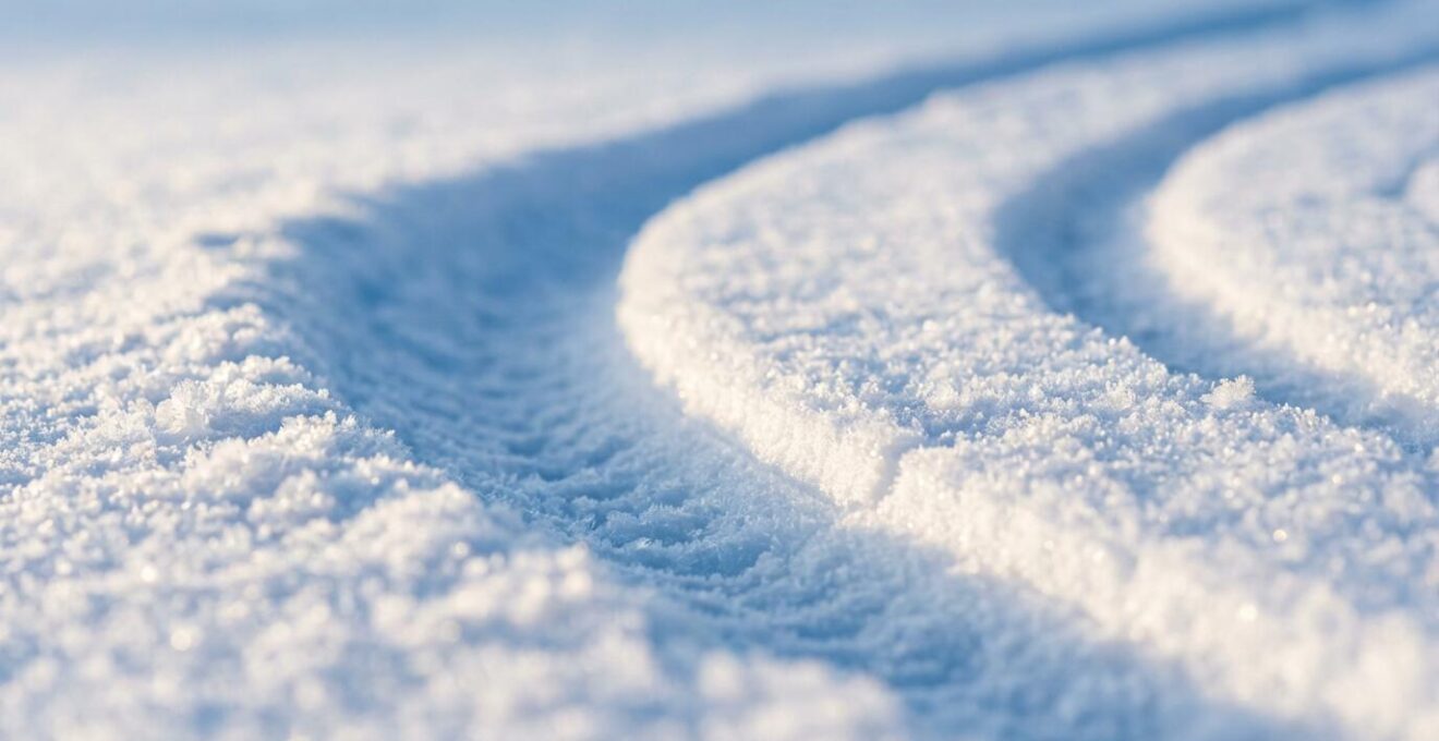 Trace nette de carving sur neige parfaitement damée vue en macro