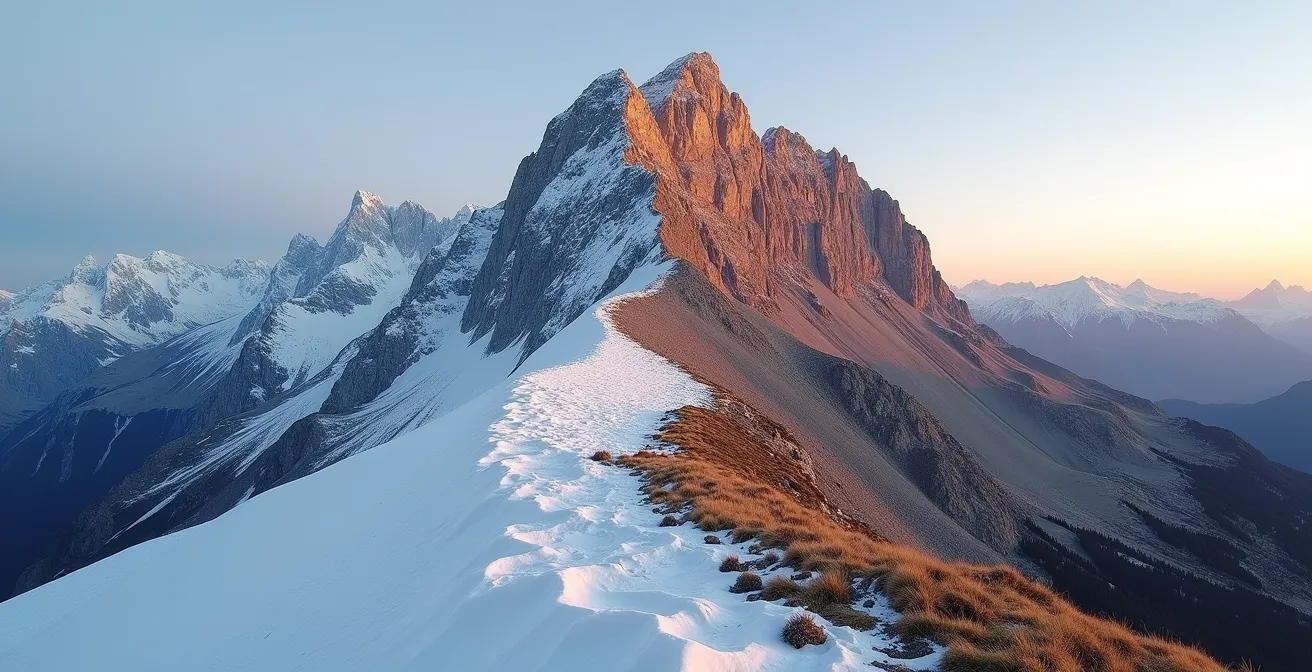Contraste saisissant entre un versant nord enneigé et un versant sud déneigé sur une même montagne