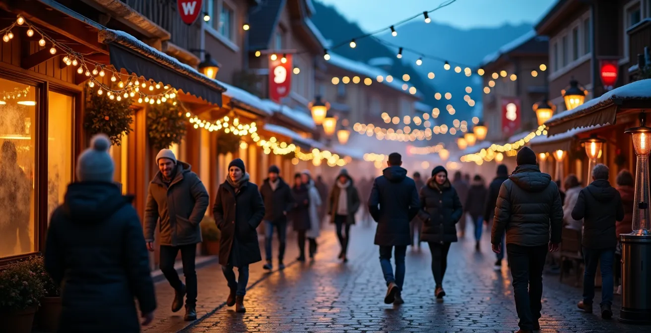 Vue nocturne d'une rue animée de station de ski avec éclairages chaleureux et silhouettes de personnes