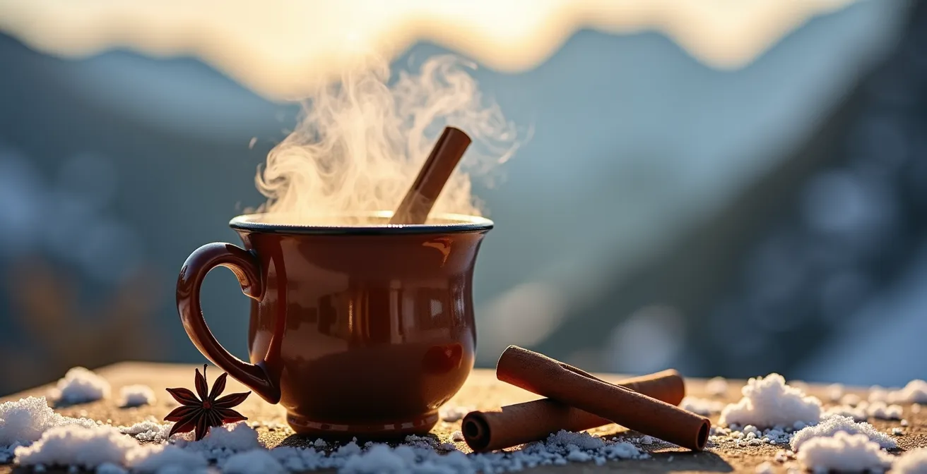 Gros plan sur un verre de vin chaud fumant avec épices et montagne floue en arrière-plan