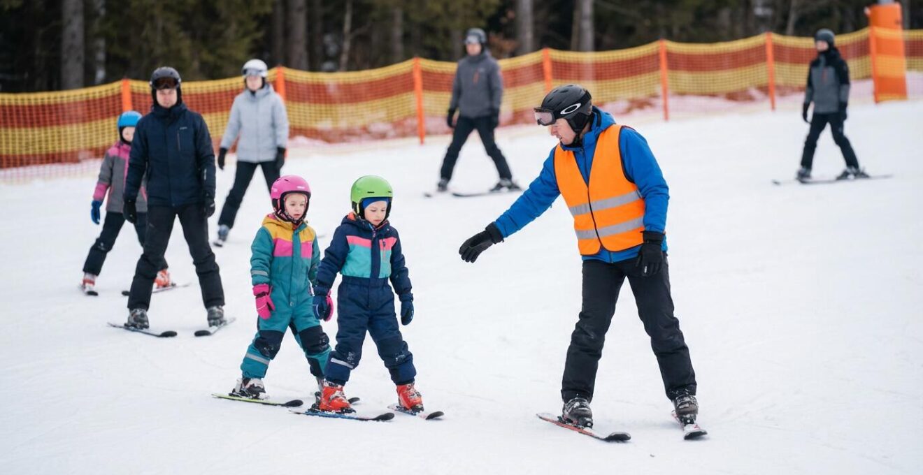 Piste verte avec skieurs débutants évoluant à vitesse modérée