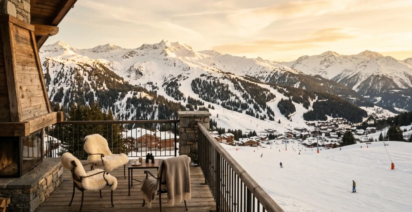 Vue depuis un chalet alpin sur les pistes de Courchevel en fin de saison avec neige légèrement moins dense et ciel rosé, ambiance calme hors vacances scolaires