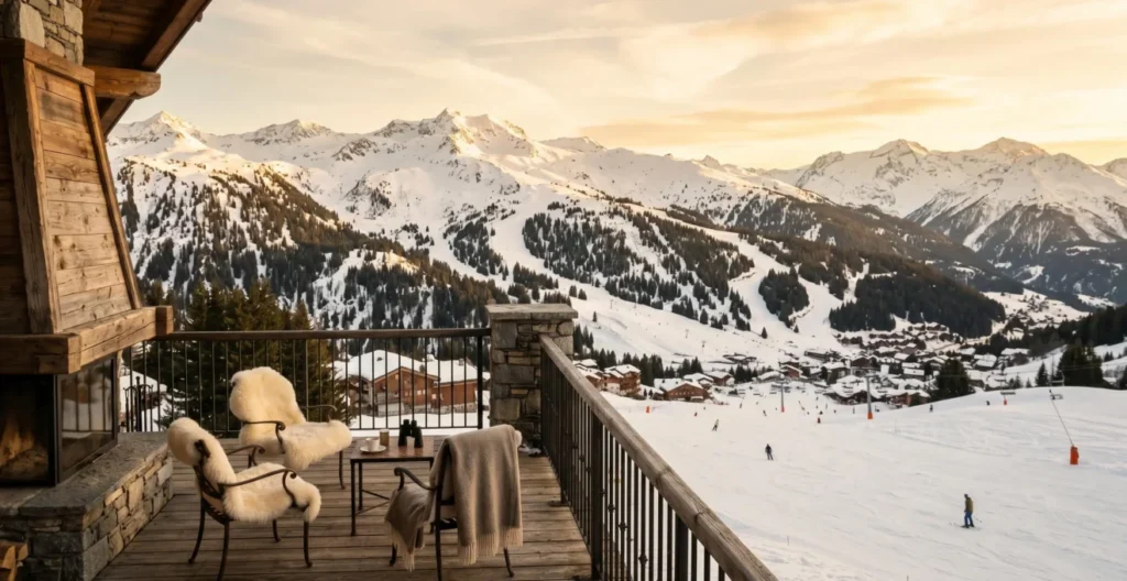 Vue depuis un chalet alpin sur les pistes de Courchevel en fin de saison avec neige légèrement moins dense et ciel rosé, ambiance calme hors vacances scolaires Vue depuis un chalet alpin sur les pistes de Courchevel en fin de saison avec neige légèrement moins dense et ciel rosé, ambiance calme hors vacances scolaires
