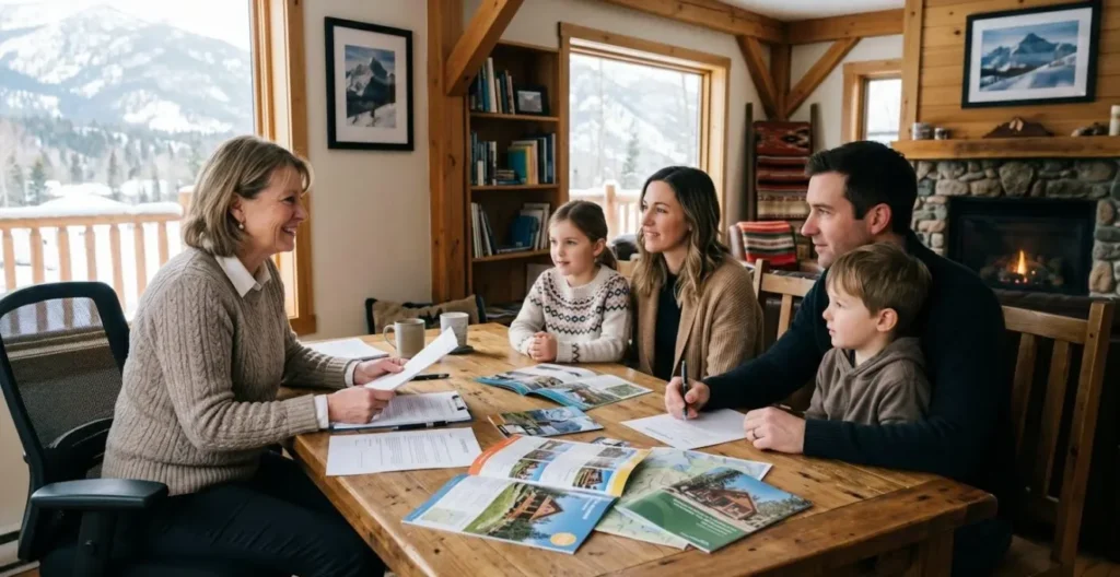Bureau d'une agence immobilière de montagne avec conseiller accueillant une famille, documents de location sur la table, ambiance chaleureuse et professionnelle Bureau d'une agence immobilière de montagne avec conseiller accueillant une famille, documents de location sur la table, ambiance chaleureuse et professionnelle